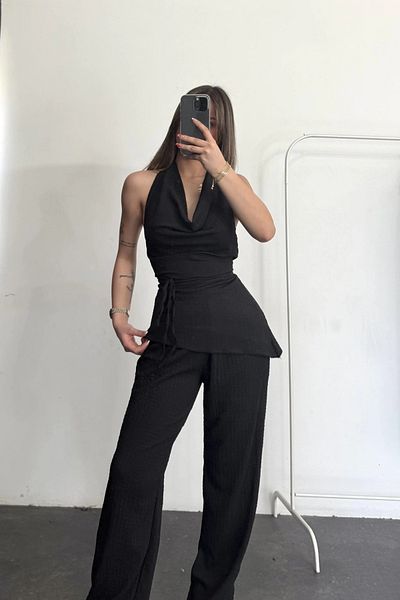 MOZENA Blouse Tie Detail Degaje Collar Blouse and Pants Set