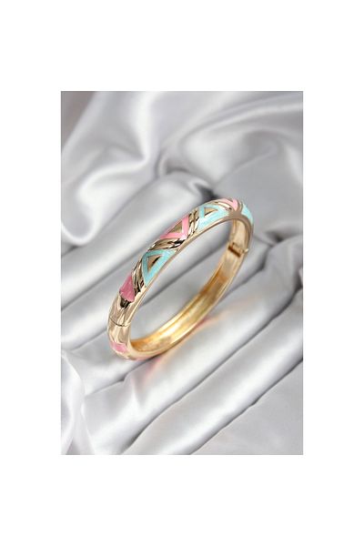 Findit Mineli Brass Blue and Pink Triangle Patterned Gold Color Women's Handcuffs (Diameter 60 mm)