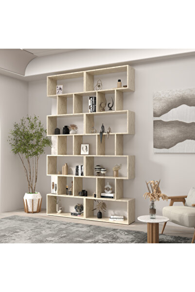 klubeconcept Yerden Tavana Traverten Desenli Kitaplık Dekoratif Büyük Boy Raf Ünitesi 100% MDF