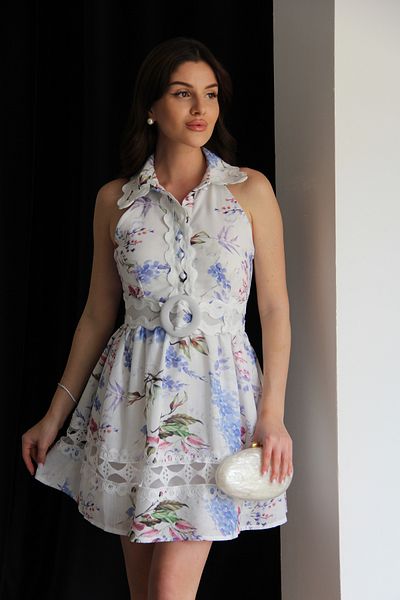 Julidress Patterned Lace Detailed Lined Belted Mini Short Length Premium Linen Dress