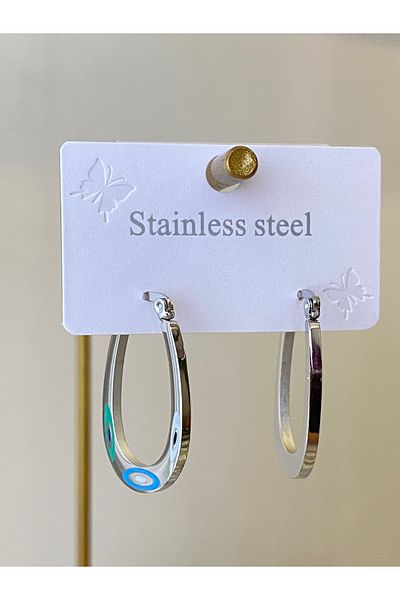 Çelik Evil Eye Bead Motif Oval Hoop Earrings