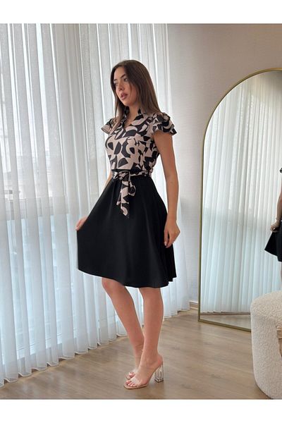 Bizcomoda Women's Short Sleeve Sleeve Ruffle Detail Mini Belted Flared Crepe Dress