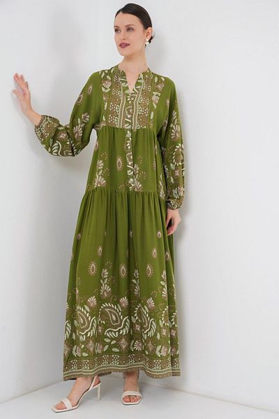 MRA Fashion 2423 Authentic Patterned Hijab Dress - D.Khaki