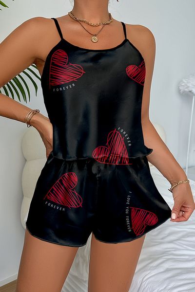 Louren Paris Big Red Heart Pattern Black Satin Shorts Nightgown Set