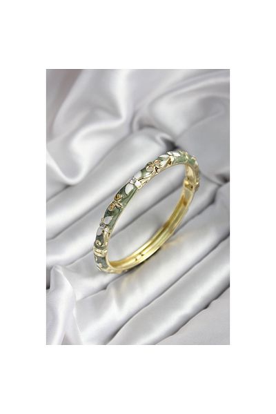 Findit Mineli Brass Green Flower Patterned Zircon Stone Gold Color Women's Handcuffs (Diameter 60 mm)