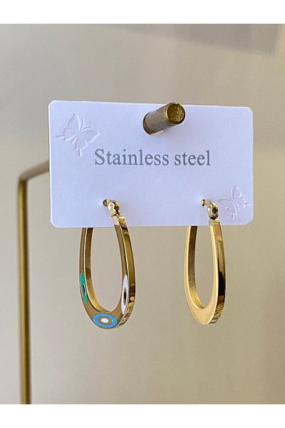 Çelik Evil Eye Bead Motif Oval Hoop Earrings