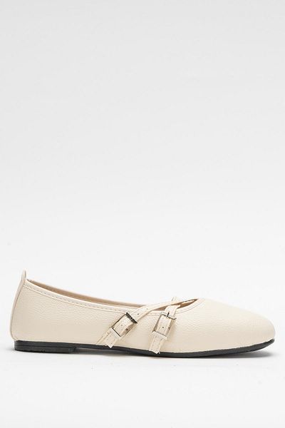 Liger Women's Cross Double Belted Ballerina Shoes Cream