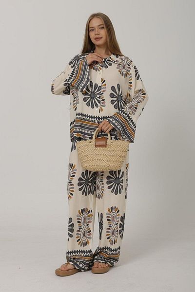Viyamo Patterned Flared Sleeve Trousers Set - Anthracite