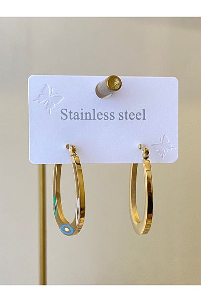 Çelik Evil Eye Bead Motif Oval Hoop Earrings