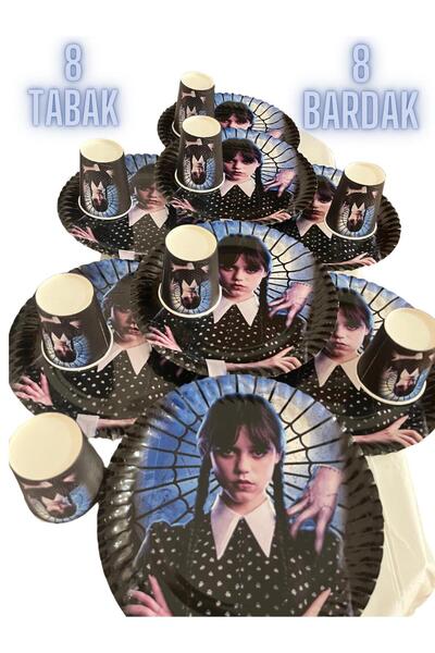 partyrüyası Set papirnih tanjira i čaša sa temom Wednesday Addams za 8 osoba