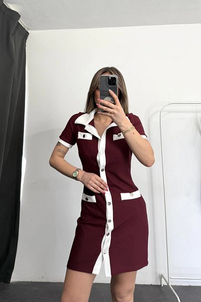 MOZENA Polo Neck Garnished Button Detail Mini Dress