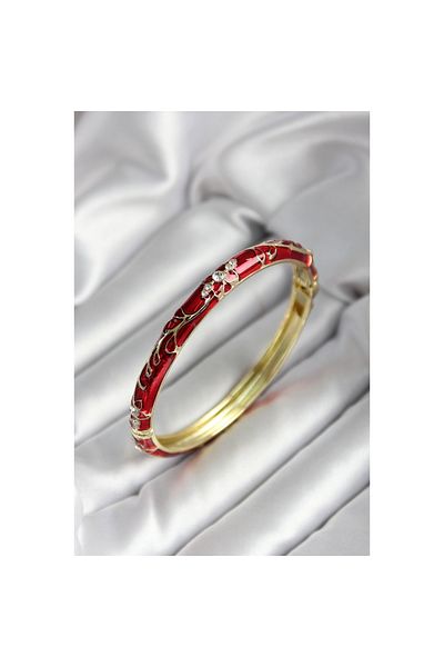 Findit Mineli Brass Red Flower Patterned Zircon Stone Gold Color Women's Handcuffs