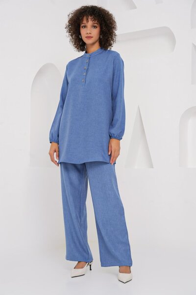 novafems Γυναικείο λινό παντελόνι τουνίκ δύο τεμαχίων σετ Indigo 1080