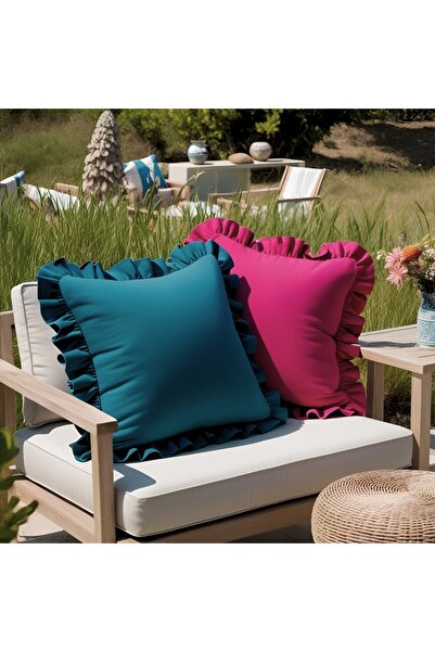 Bc Home 2-Piece Fuchsia - Petrol Blue Country Ruffled Square Throw Pillow Cov...