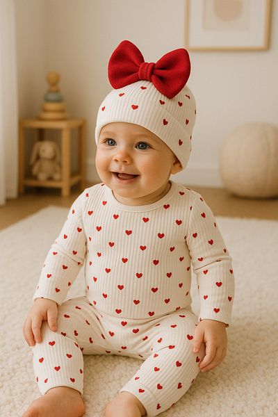 Cherub Baby Baby Girl Suit with Heart Printed Bodysuit and Hat