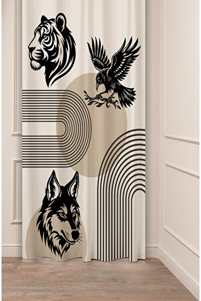 GREENDECOR Wolf Lion Eagle Plain Pastel Bohemian Special Design Digital Printed (Single Wing) Beige Cream Stylish Background Curtain