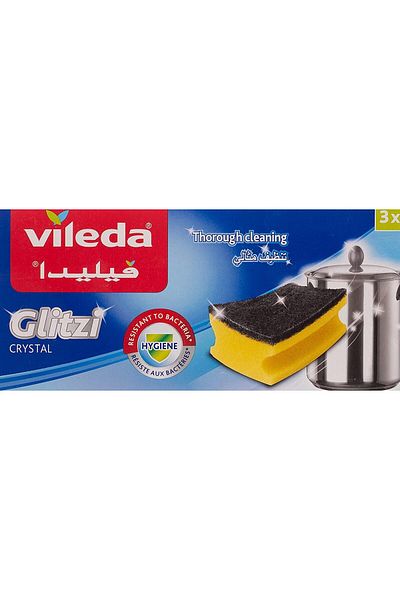 Vileda Glitzi Crystal Scourer Sponge 3 Pc, Antibacterial, Long Lasting, Hygienic ,Yellow And Black,