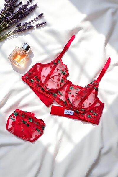 Luvensa Kırmızı Kirazlı Tül Brode Sütyen Takım (Sütyen & Tanga)