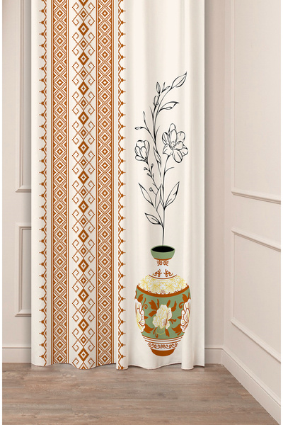 GREENDECOR Ethnic Anatolian Motif Flower Pastel Bohemian Special Design Digital Printed (Single Wing) Beige Cream Background Curtain