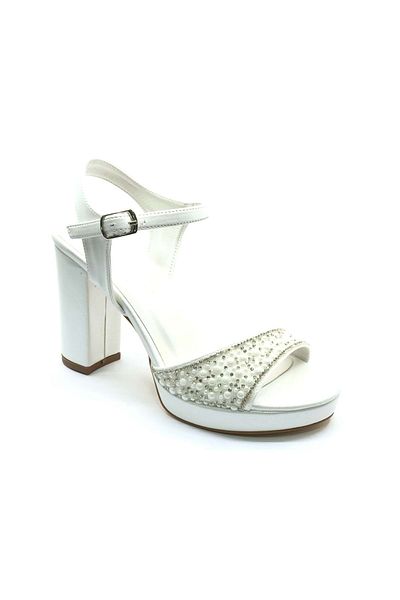 KOCAMANLAR Feles Stone Platform Single Strap Heeled Women's Evening Dress Shoes White