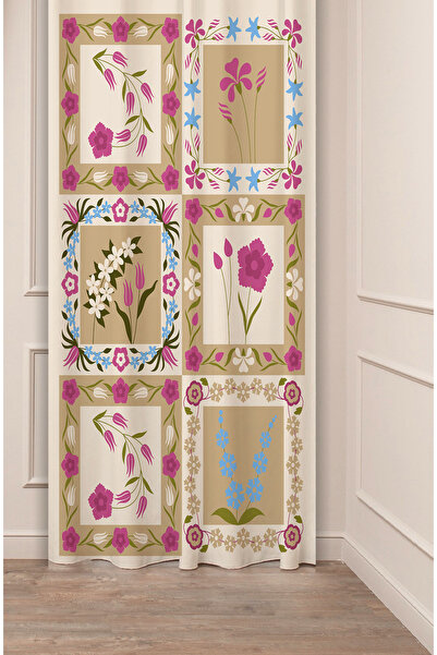 GREENDECOR Ethnic Anatolian Motif Flower Pastel Bohemian Special Design Digital Printed (Single Wing) Beige Cream Background Curtain