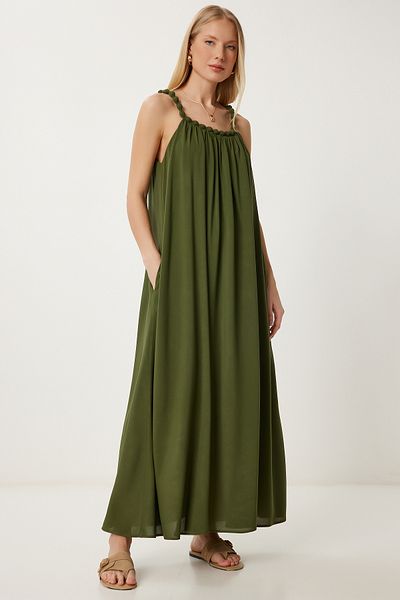 Lovelyİstanbul Rochie lungă din viscoză cu bretele cu mărgele KHAKI LFG0003