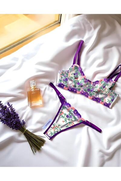Luvensa Mor Çiçekli Tül Brode Sütyen Takım (Sütyen & Tanga)