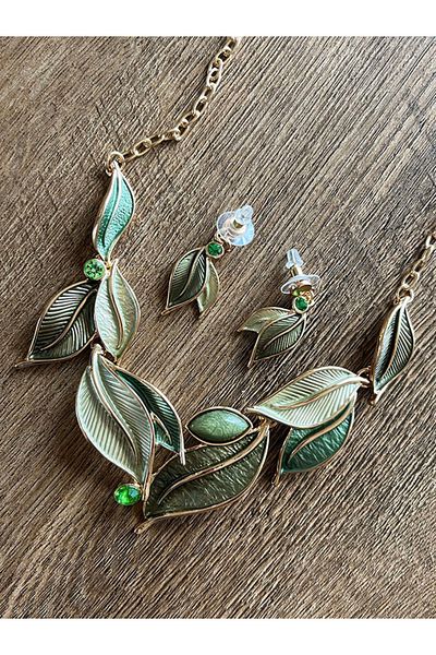 Büyük Hanım Leaf Model Vintage Elegant Metal Necklace Earring Set