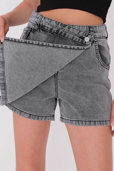 TugsatTasarTekstil Women's High Waist Smoked Summer Denim Shorts Skirt Denim Lycra Free Double Breasted Closure Jeans Shorts Skirt