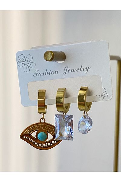 Çelik 3-Piece Eye Model Steel Earring Set
