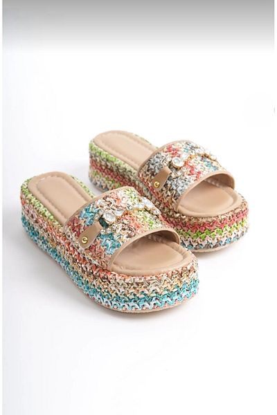 Zoom Women Style Women's Crystal Buckle Thick Sole Straw Riva Slippers