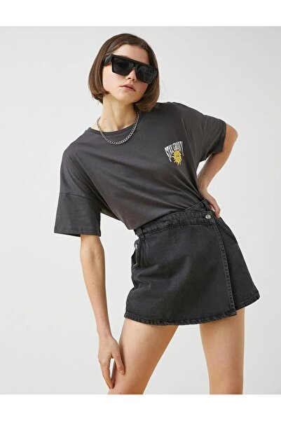 TugsatTasarTekstil Kadın Yüksek Bel Antrasit Yaz Kot Şort Etek Denim Likrasız Kruvaze Kapamalı Jeans Şort Etek