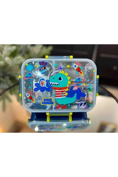 Vest Bes0011 Dinosaur Patterned Transparent Lid 3 Compartment 800 ml Steel Nutrition Container