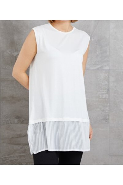 ZY BUTİK White Sleeveless Round Neck Pleated Detailed Underwear Tunic