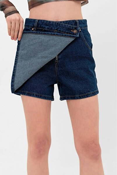 TugsatTasarTekstil Kadın Yüksek Bel Koyu Mavi Kot Şort Etek Denim Likrasız Kruvaze Kapamalı Jeans Şort Etek