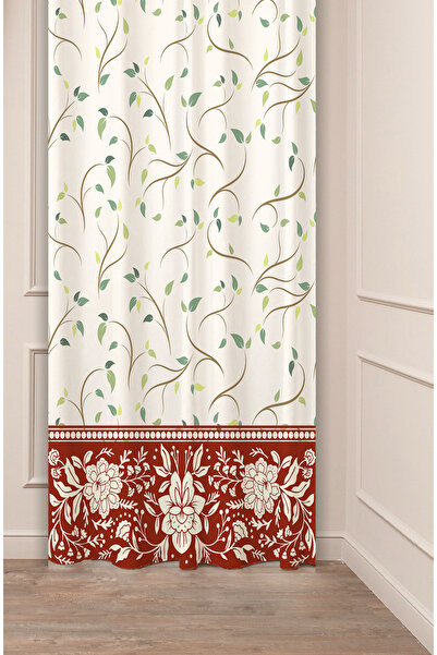 GREENDECOR Ethnic Anatolian Motif Flower Pastel Bohemian Special Design Digital Printed (Single Wing) Beige Cream Background Curtain