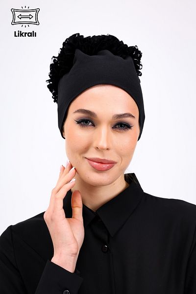 Loggia Lycra Ruffled Seamless Black Bonnet Tie-Up Women's Hijab Inner Bonnet Viscose