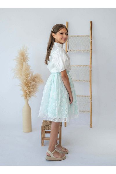 Stayele Elegant Mint Floral Skirt and White Blouse Set for Girls