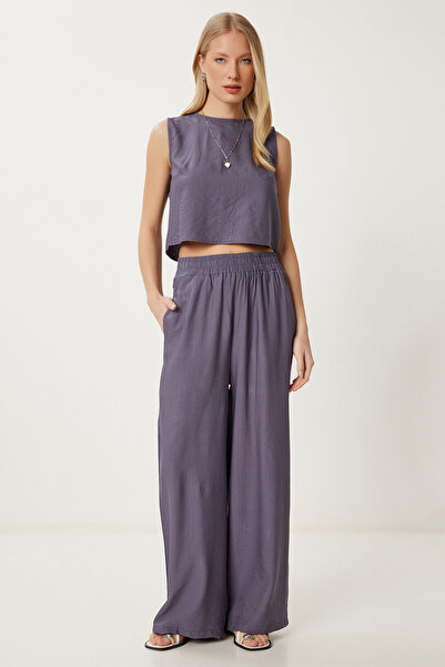 Lovelyİstanbul Σετ παντελόνι μπλούζα με λεπτομέρεια δεμένη SMOKED LRV0104