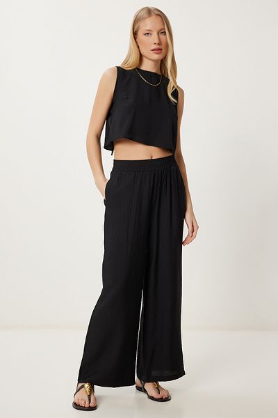 Lovelyİstanbul Set pantaloni bluză cu detaliu de șireturi NEGRU LRV0104