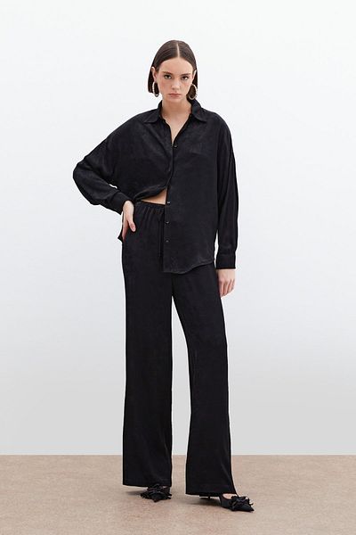 Sateen Jacquard Satin Trousers - Black