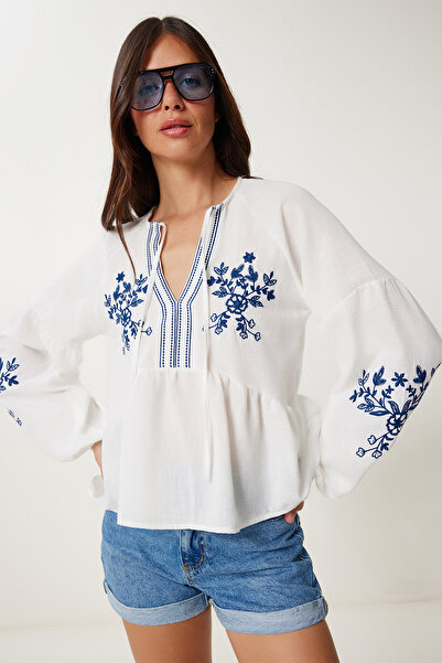 Lovelyİstanbul Embroidery Embroidered Balloon Sleeve Linen Blouse White Lhf0024