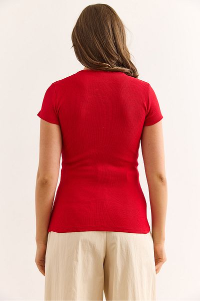 Olalook Women's Red V Metal Detail Flexible Cotton Blouse Blz-19002921
