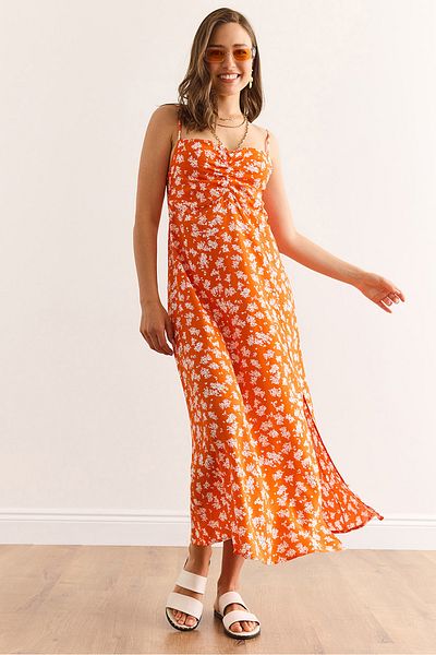 Olalook Women's Orange Strap Adjustable Front Gathered Woven Viscose Dress Elb-19002438