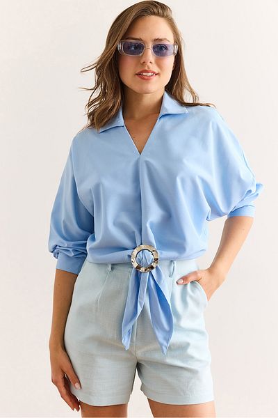 Olalook Women's Blue Front Accessory Shirt Collar Bat Blouse Blz-19003016