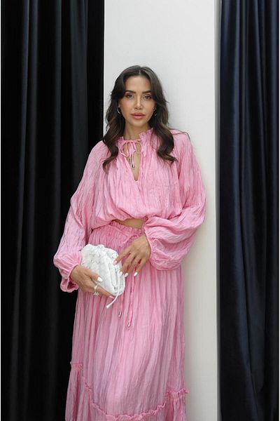 Havoş Pink Crashed Blouse Skirt Set