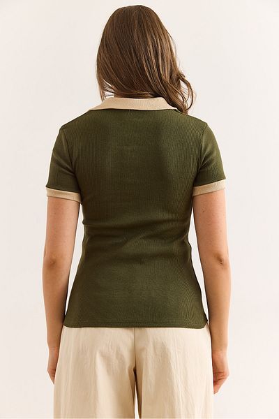 Olalook Women's Khaki Beige Polo Neck Color Detailed Stretchy Cotton Blouse Blz-19002920