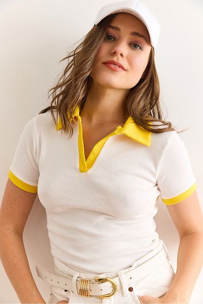 Olalook Women's Ecru Yellow Polo Neck Color Detailed Flexible Cotton Blouse Blz-19002920