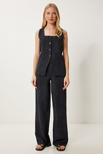 Lovelyİstanbul Desenli Keten Yelek Pantolon Takım ANTRASİT LDP0055