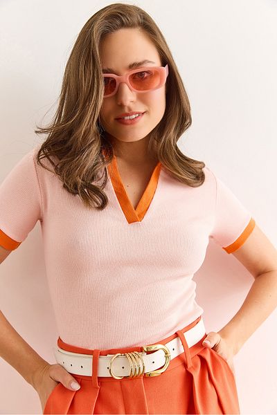 Olalook Women's Salmon Orange Polo Neck Color Detail Flexible Cotton Blouse Blz-19002920